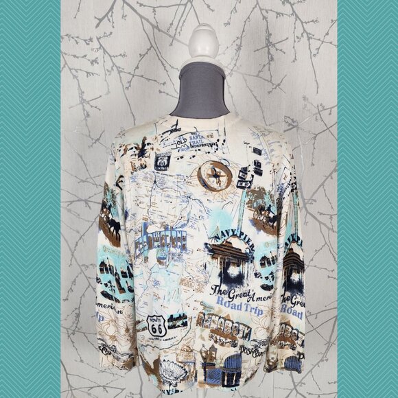 Tradition Abstract Travel Theme Printed 100% Cotton Knit Button Cardigan - Picture 4 of 5